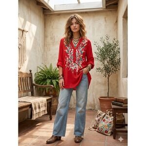 NWT Luna Moon Red Floral Embroidered Tunic Top L Boho Folk Artisanal Festival